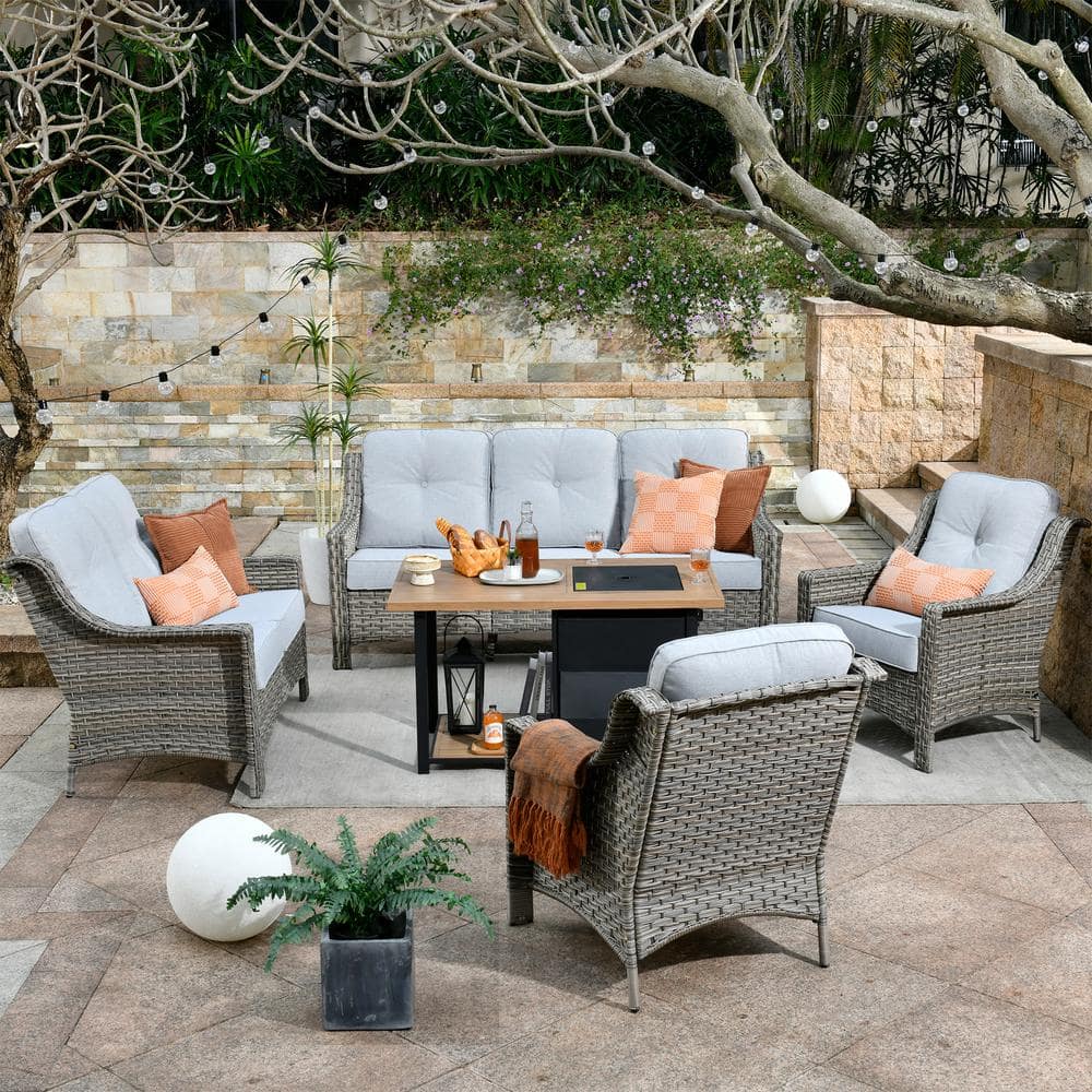 Verona Grey 5-Piece Wicker Outdoor Patio Conversation Sofa Loveseat Set with a Storage Fire Pit and Light Grey Cushions -  HOOOWOOO, SFP-PDL405