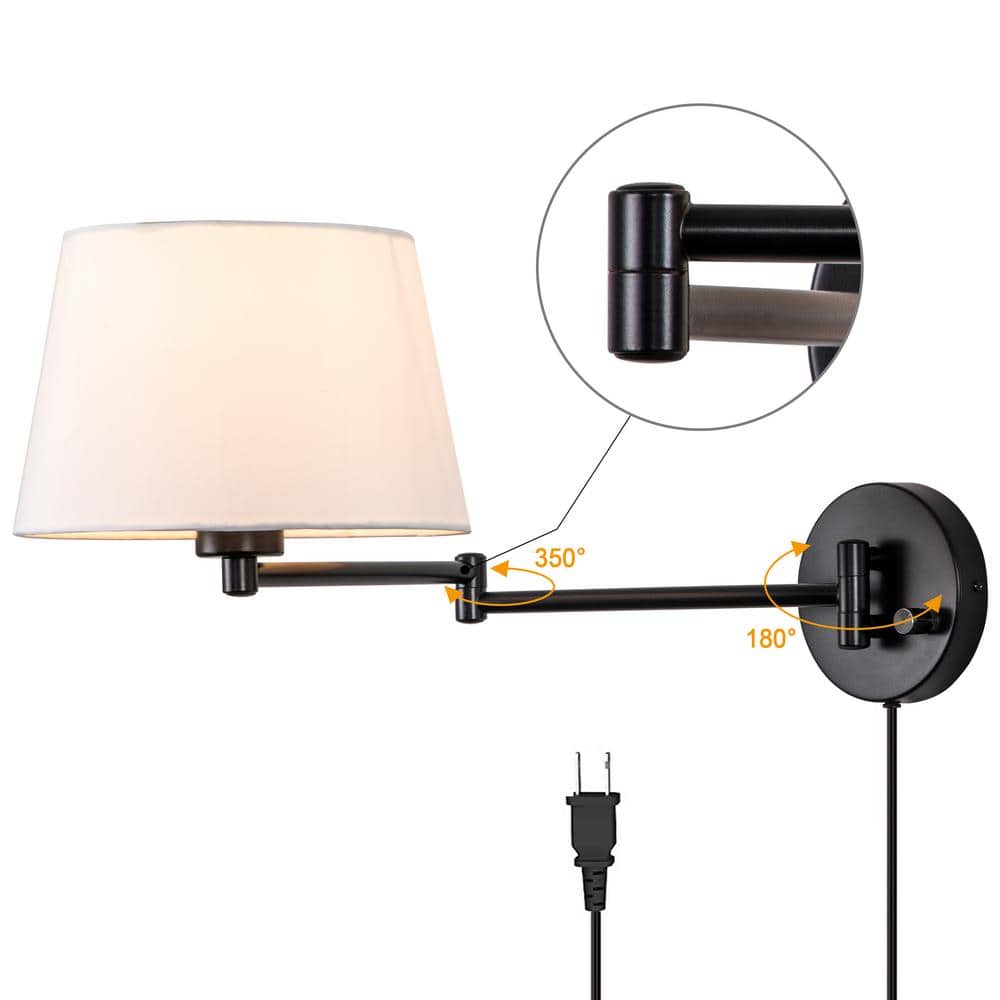 Black Swing Arm Wall Light with White Linen Shade, 2-Pack