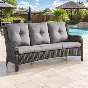 3-Seat Brown PE Wicker Outdoor Couch with Gray Cushions and Curved Arm Design