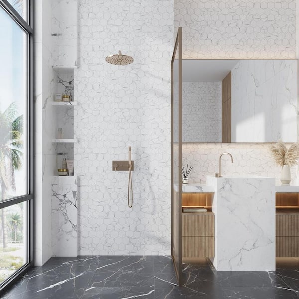 Aloha 10 in. x 12 in. Polished White with Gray Vein Glass Mosaic Hexagon Wall and Floor Tile (8.29 sq. ft./case)-10 Pack