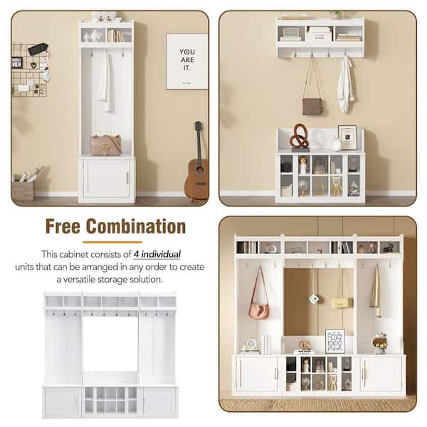 White Wide Hall Tree with Storage Bench Coat Rack and Shoe Cubbies