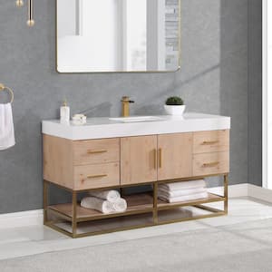Bianco 60S in. W x 22 in. D x 34 in. H Single Sink Bath Vanity in Light Brown with White Composite Stone Top