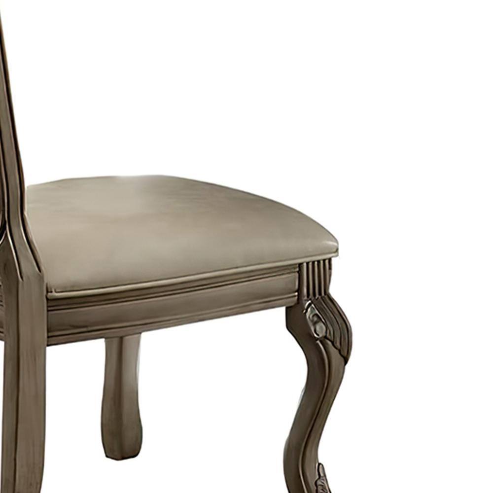 Antique White Upholstered Leather Side Chair with Wood Frame
