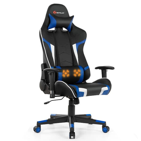 Goplus Massage Blue Gaming Chair Reclining Swivel Racing Office Chair with Lumbar Support