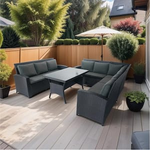 5-Piece Black Wicker Patio Conversation Set with 3-Storage Under Seat and Dark Grey Cushion for Garden