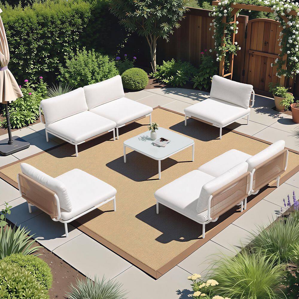 7-Piece Metal Patio Outdoor Sectional Set Sofa with Thickened Cushion Table Curved Armrest in Beige for Backyard Lawn
