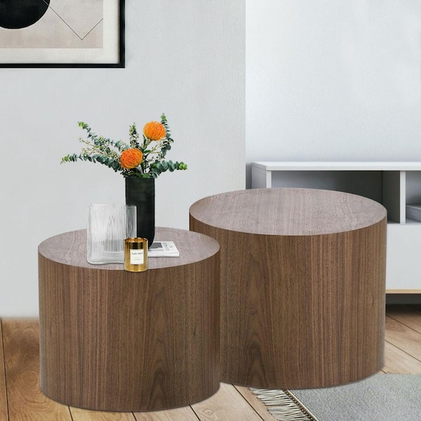 URTR 18.89 in. W Walnut Round Wood Side Table Coffee Table End Table with Woodgrain for Living Room Office Bedroom (Set of 2), Brown