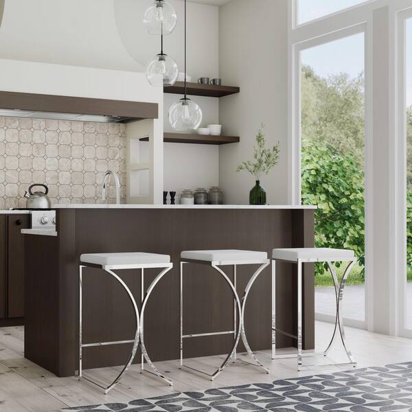 Butler Specialty Company Natalya 31 in. Seat Height White and Silver Faux Leather and Metal Bar Stool