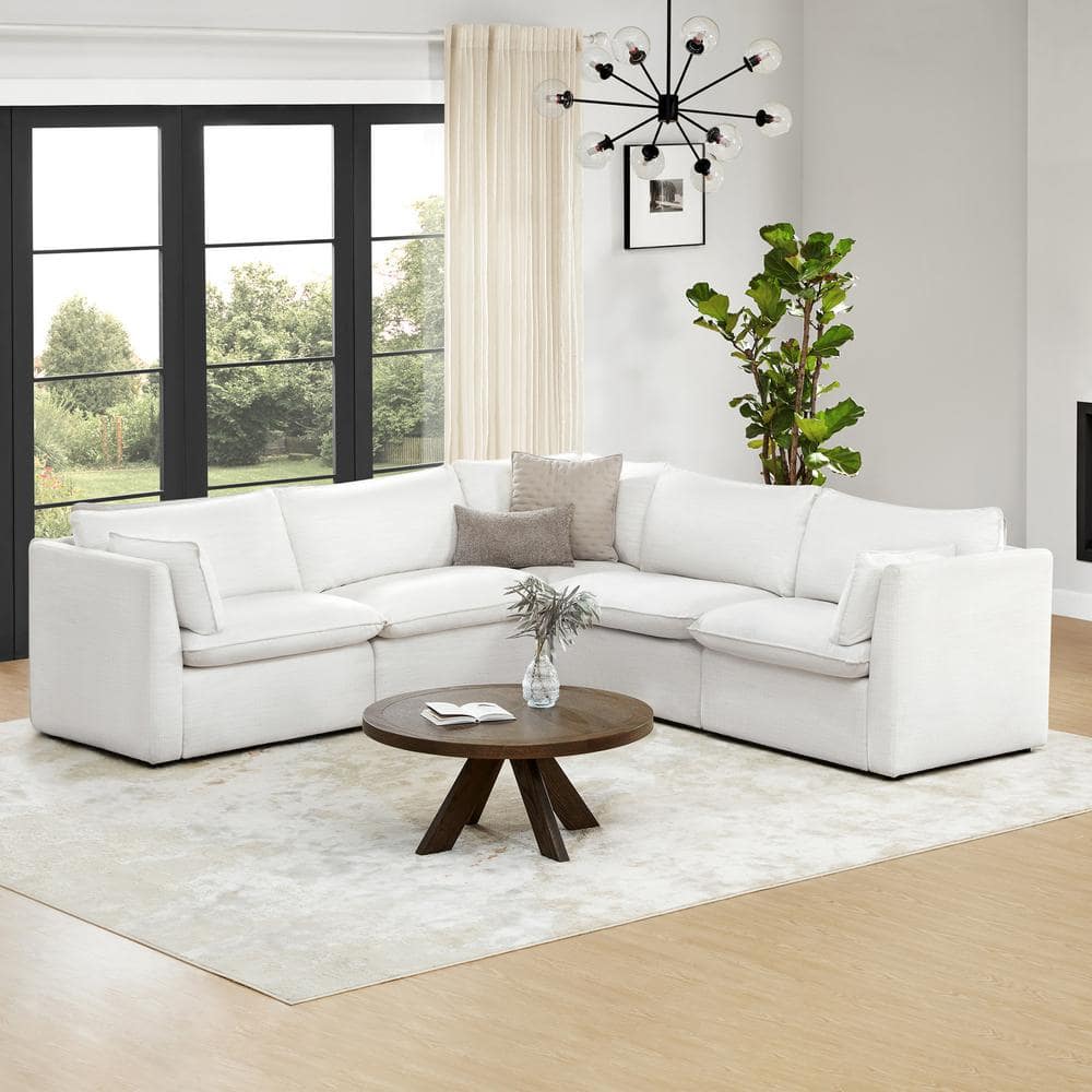 Beige Modular Fabric 5-Piece Sectional Sofa with Wood Frame