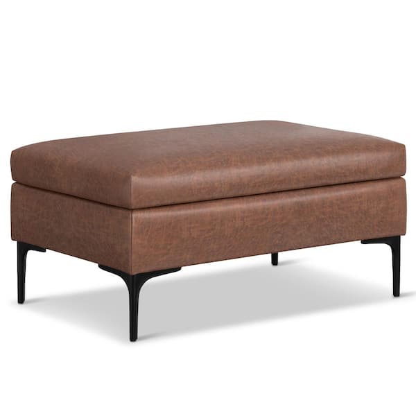 Rebecca 36 in. Wide Coffee Table Storage Ottoman with Lift Up Lid in Distressed Saddle Brown Vegan Faux Leather