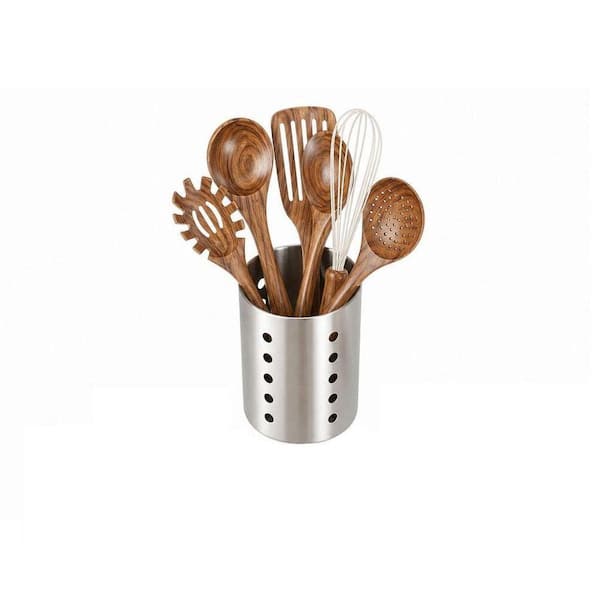 Natural Teak Wood Kitchen Utensils Set with Holder, Cooking Utensils Including Spoons Spatula Ladle for Daily Cooking
