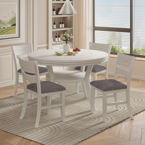 Farmhouse Round Dining Set with Ladder-Back Chairs, 5-Piece Dining Table Set for Kitchen or Dining Room, Gray Wood Top