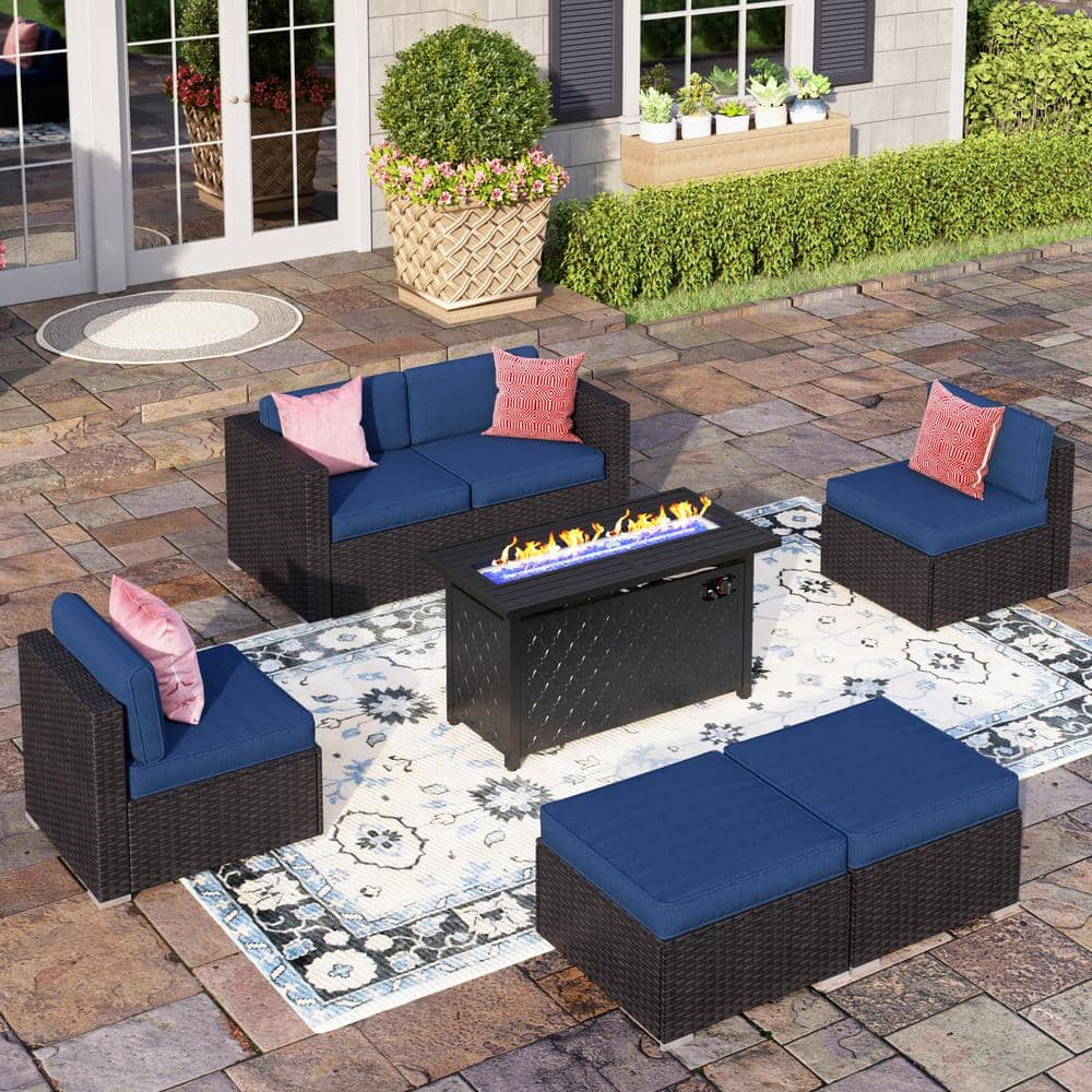 PHI VILLA Dark Brown Rattan Wicker 6 Seat 7-Piece Steel Outdoor Fire ...