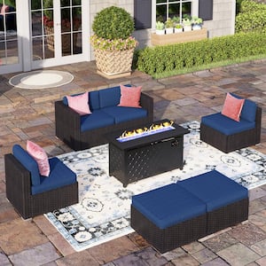 Dark Brown Rattan Wicker 6 Seat 7-Piece Steel Outdoor Fire Pit Patio Set with Blue Cushions, Rectangular Fire Pit Table