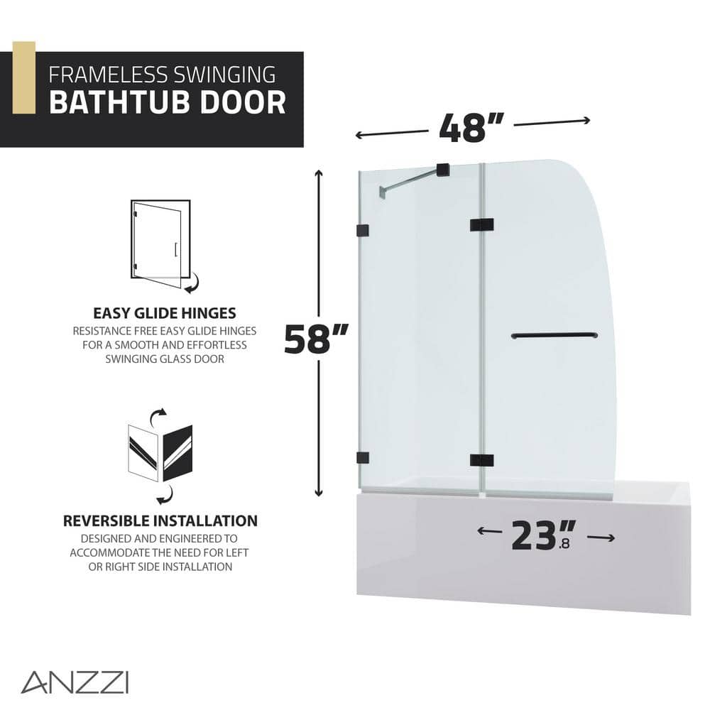 Matte Black Frameless Glass Tub Door with Towel Bar