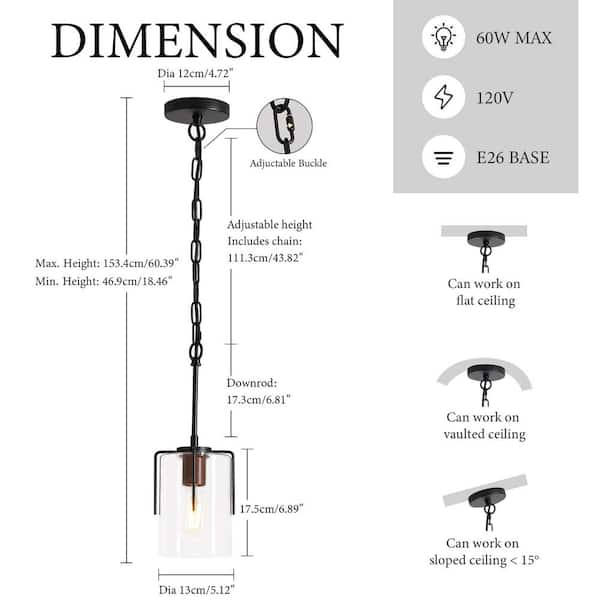 1-Light 5.12 in. Black Wall Sconce, Pendant Light with Clear Glass Shade for Dining Room, E26 Base Bulb Not Included