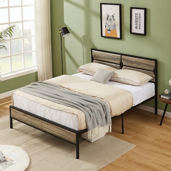 Bed Frame Gray Metal Frame Full Size Platform Bed with Wooden Headboard, Strong Metal Slat Support and Under-Bed Storage