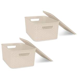 8.7 in. H x 11.6 in. W x 16 in. D Cream Plastic Cube Storage Bin with Matching Lid (2-Pack)