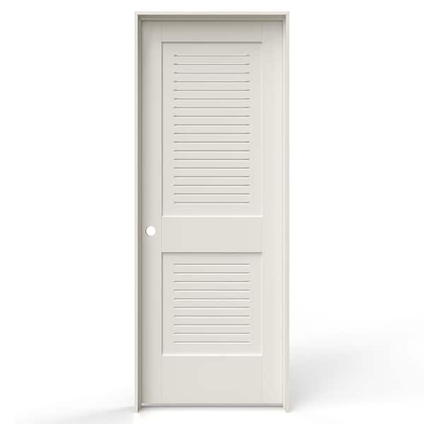 JELD-WEN 30 in. x 80 in. 2 Panel Right-Handed Primed MDF Wood Single Prehung Interior Door Full Modern Ventilated Panel Louver