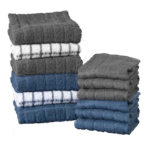 Federal Blue/Graphite Variety 12-Pack Checked and Solid Cotton Kitchen Towel and Dish Cloth Set