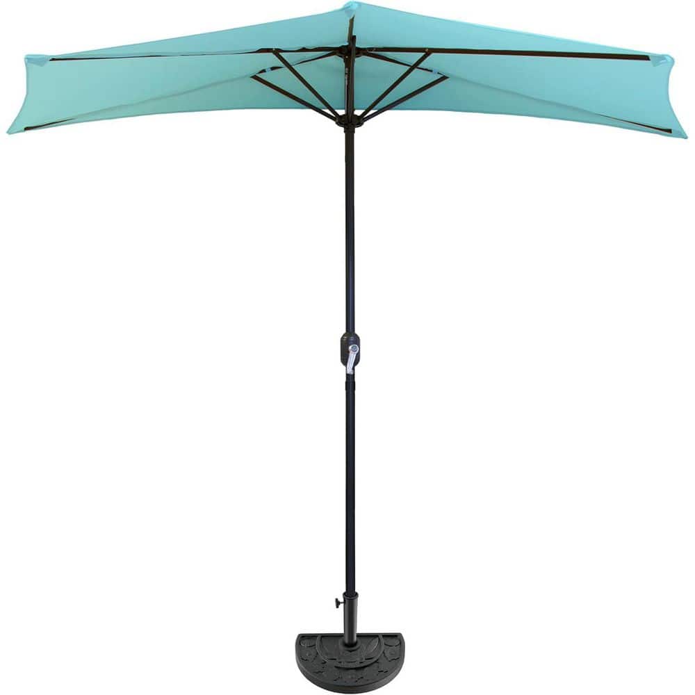 9 ft. Steel Market Half Patio Umbrella in Blue with Base