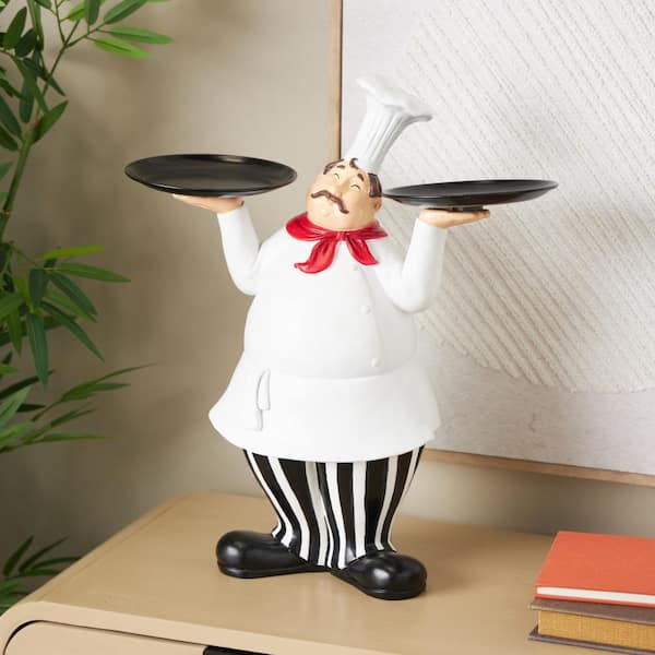 Litton Lane White 14 in. x 16 in. Polystone Kitchen Decorative Figurine Chef Sculpture with Black Trays