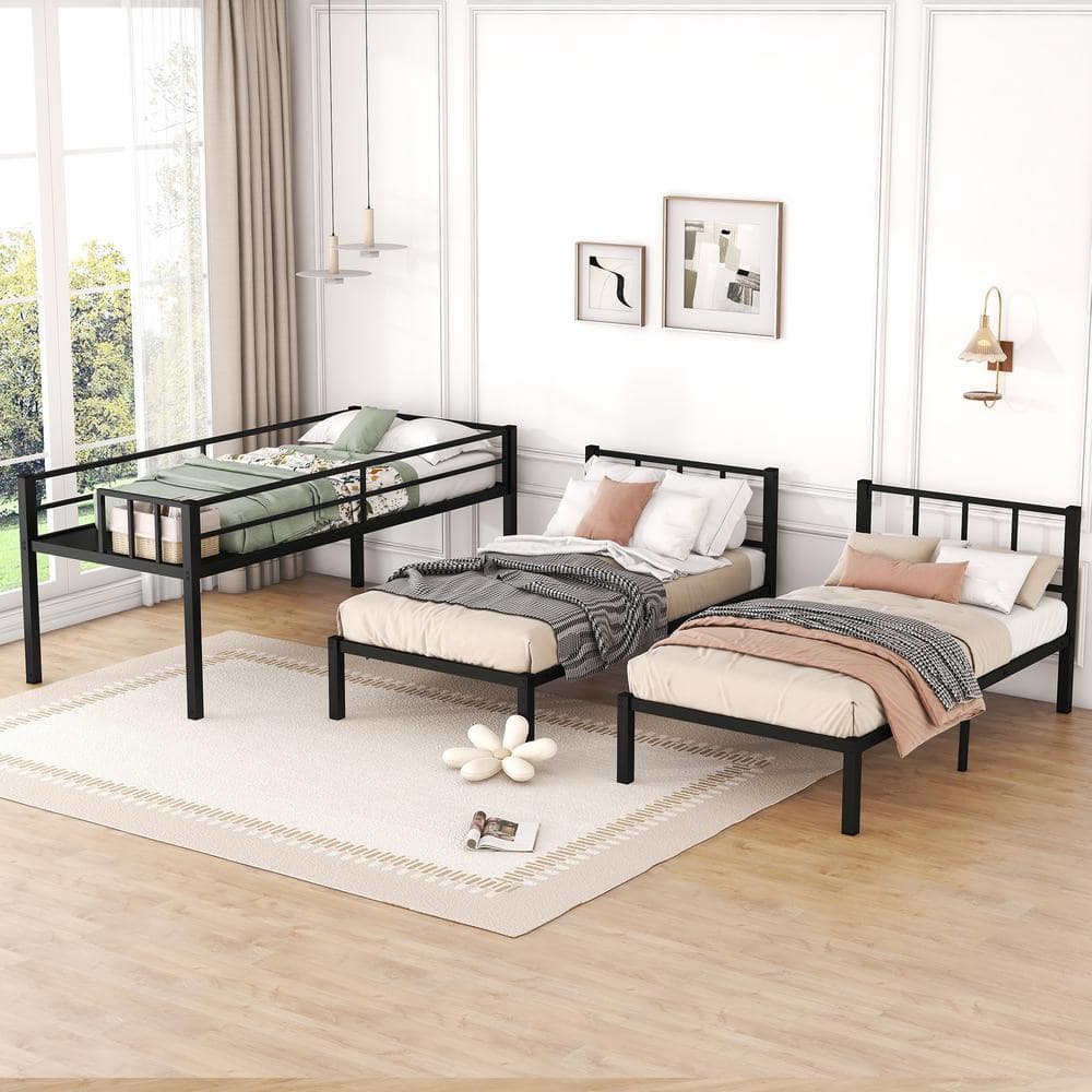Black Twin over Twin and Twin Bunk Beds for 3, Twin XL over Twin and Twin Bunk Bed Metal Triple Bunk Bed