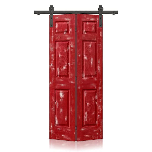 CALHOME 36 in. x 84 in. Hollow Core Vintage Red Stain 6 Panel MDF Composite Bi-Fold Barn Door with Sliding Hardware Kit