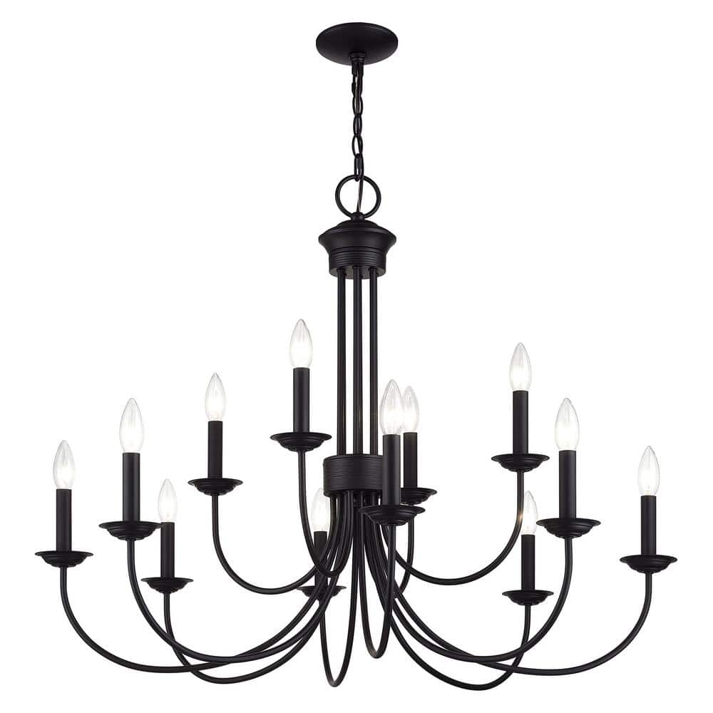 Black Steel 12-Light Large 2-Tier Candelabra Chandelier