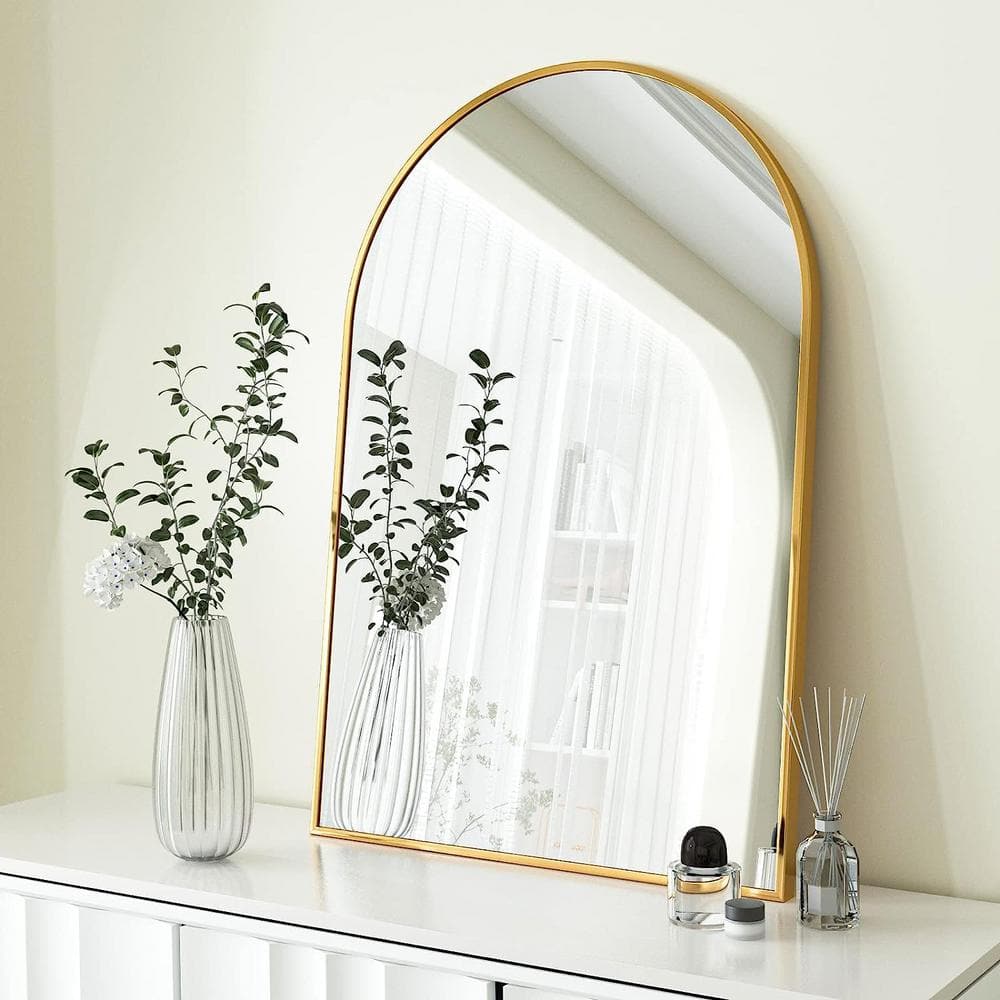 24 in. W x 36 in. H Aluminum Alloy Arched Suspension Framed for Wall Dressing Decorative Bathroom Vanity Mirror in Gold price history on PriceWatchPro