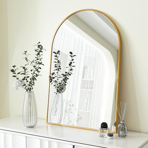 Runesay 24 in. W x 36 in. H Aluminum Alloy Arched Suspension Framed for Wall Dressing Decorative Bathroom Vanity Mirror in Gold