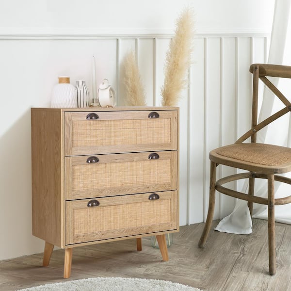PHI VILLA 35 in.Oak Yellow Buffet Sideboard With Particle Board and Pinewood Legs, Natural Rattan Decor Drawers