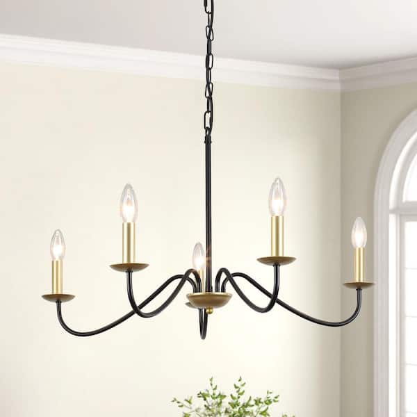 5-Light Black and Gold Modern Candlestick Hanging Linear Chandelier Lighting for Kitchen Island