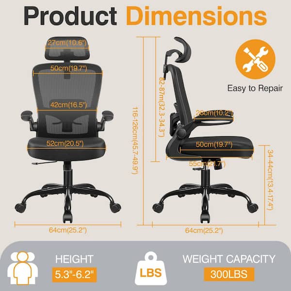 Fabric Cushioned Ergonomic Chair in Black with Breathable Mesh Fabric, Adjustable Armrests, SGS Certification