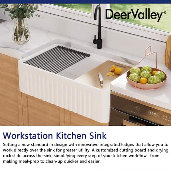 DeerValley White Fireclay 33 in. Single Bowl Farmhouse Apron Workstation Kitchen Sink with Accessories