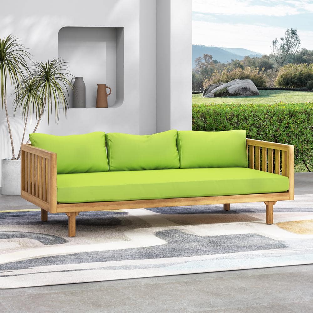 Acacia Wood Outdoor Sofa Bed Patio Day Bed with Green Cushions