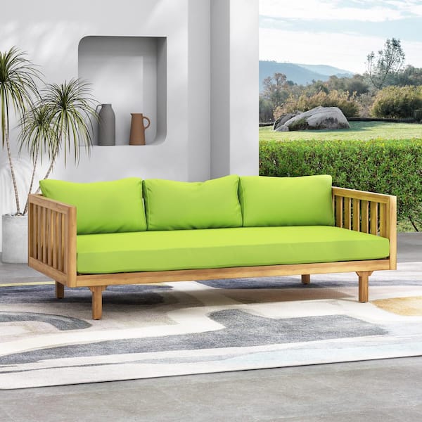 Unbranded Acacia Wood Outdoor Sofa Bed Patio Day Bed with Green Cushions
