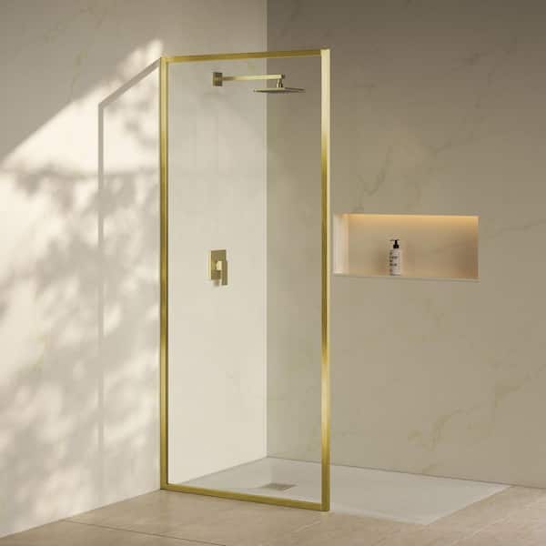 Pierre 34 x 76 Framed Fixed 3/8 in. (10 mm) Clear Tempered Glass Shower Door with Gold Brushed Frame