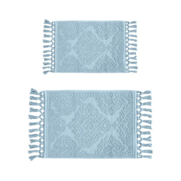 Jean Pierre Ricardo Cotton Fringe Light Blue 17 in. x 31 in. /21 in. x 41 in. 2-Piece Bath Rug Set