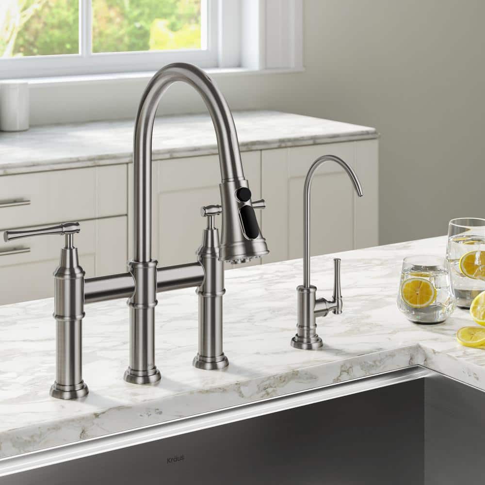 Stainless Steel Bridge Kitchen Faucet with Pull-out Spray and Filter