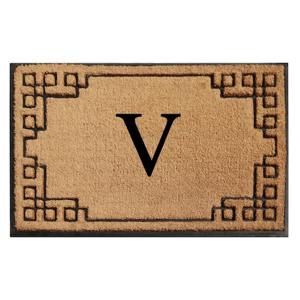 A1HC Natural Coir  and Rubber Doormat, Black/Beige, 36 in. x 72 in., Thick  and Non-Slip Durable Monogrammed V Door Mat
