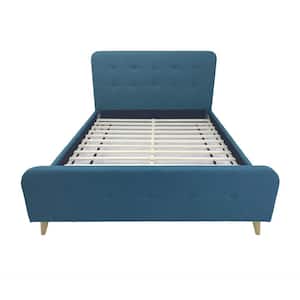 Priya Mid-Century Modern Queen-Size Blue Fabric and Wood Bed Frame