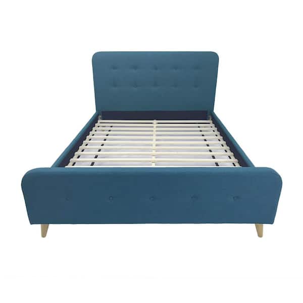 Noble House Priya Mid-Century Modern Queen-Size Blue Fabric and Wood Bed Frame