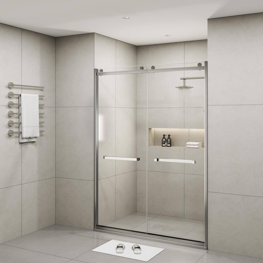 Frameless 60" Clear Glass Sliding Shower Doors with Brushed Nickel Finish