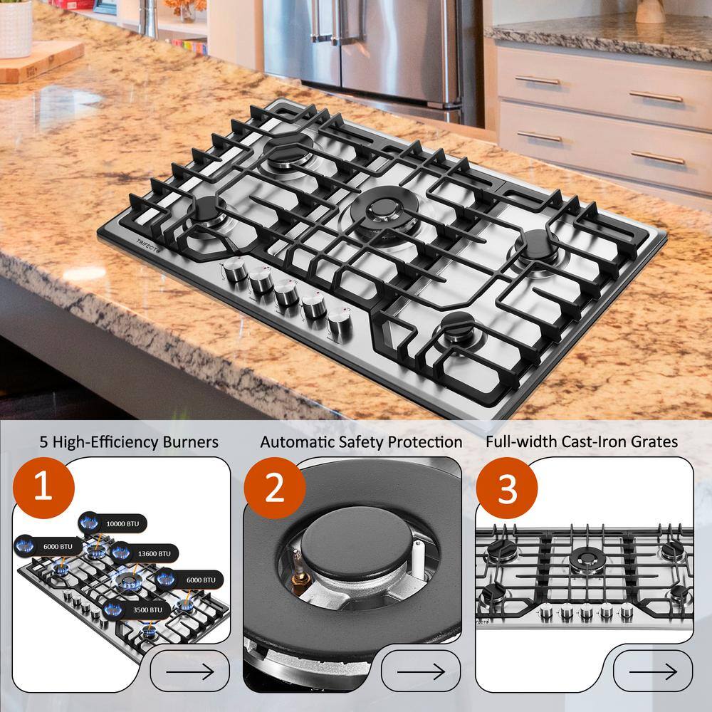 36-Inch Stainless Steel 5-Burner Gas Cooktop with Cast Iron Griddle
