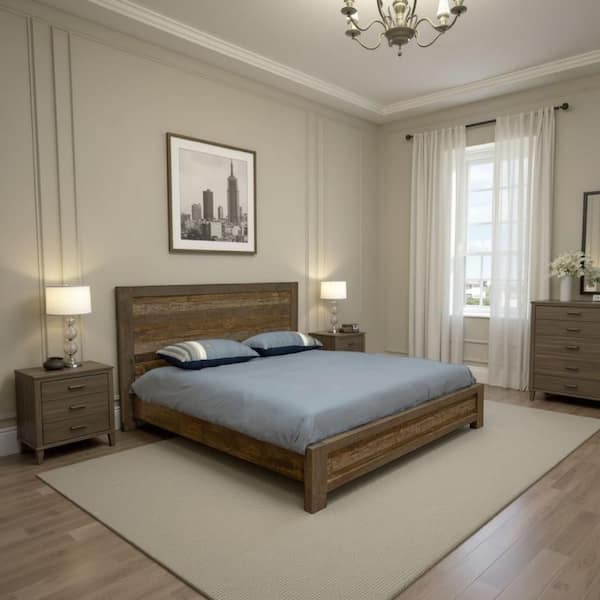 Benjara Pola Gray and Brown Wood Frame Queen Size Panel Bed with Low Profile Footboard