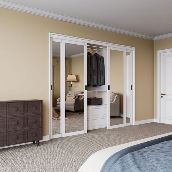 96 in. x 96 in. Solid Core 1-Lite Mirror White Primed MDF Interior Closet Sliding Door with Hardware