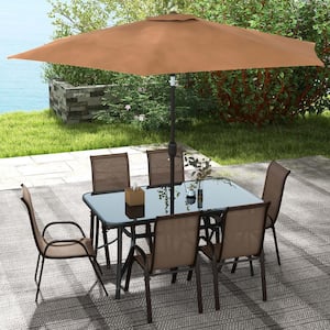 7-Piece with an Umbrella Light Mixed Brown Outdoor Dining Set