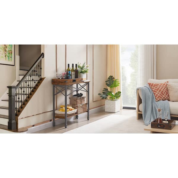 Console Sofa Table with 2 Removable Trays, 11.8"W Narrow Sideboard with Open Rectangle Shelf, Entryway, Brown, 28.9"H