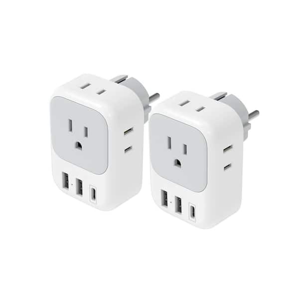 2-Pack Type E/F Travel Plug Adapter, Germany France Power Adaptor with 3-USB Charger Ports and 4-Outlets Plug